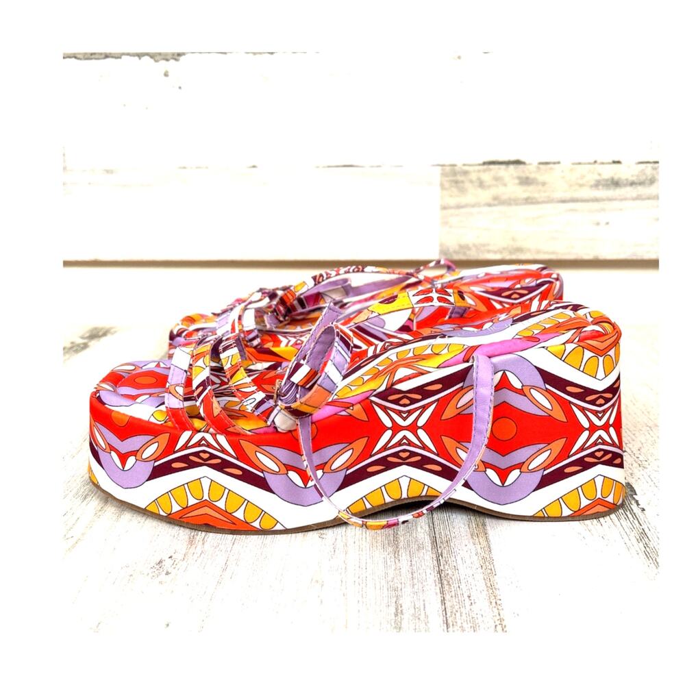 Unilody Womens 11 Orange Multi Retro Strappy Platform Sandals 70s NEW